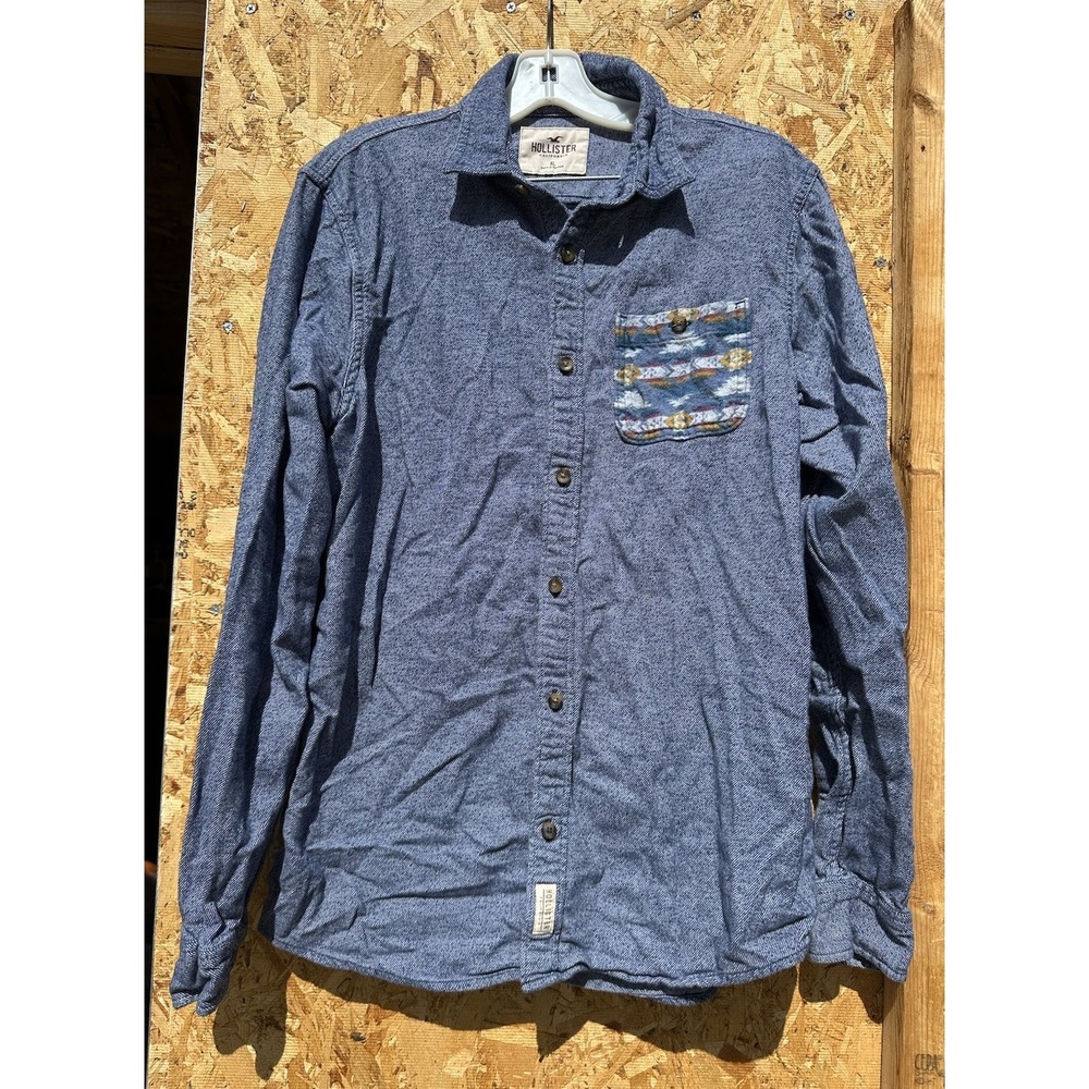 Hollister Blue Flannel Aztec Button Down‎ Shirt Size X-Large XL 100% Cotton